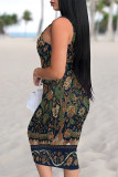 Yellow Sexy National Totem Flowers Print Contrast U Neck Printed Dresses