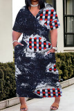 Blue Street Faux Denim Print Pocket Contrast V Neck Printed Plus Size Dresses