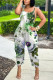 White Green Casual Floral Print Pocket Contrast U Neck Loose Jumpsuits