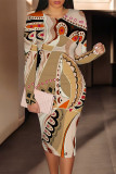 Black Elegant Geometric Print Contrast O Neck Printed Dresses