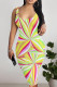 Green Yellow Casual Geometric Print Floral Print Contrast U Neck Printed Dresses