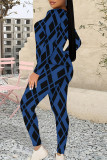 Blue Black Casual Geometric Print Letters Contrast O Neck Long Sleeve Two Pieces