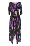 Fuchsia Casual Floral Print Pocket Irregular O Neck Irregular Dresses