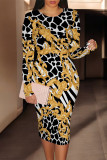 Black Elegant Geometric Print Contrast O Neck Printed Dresses