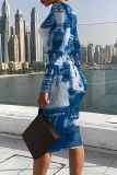 Dark Blue Casual Faux Denim Print Contrast O Neck Printed Dresses