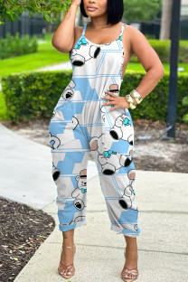 White Blue Casual Cartoon Print Pocket Contrast U Neck Loose Jumpsuits