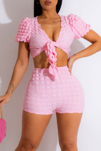 Pink Casual Solid Color Patchwork Strap Design V Neck Short Sleeve Two Pieces