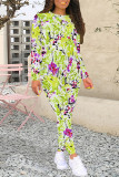 Black Purple Casual Floral Print Contrast O Neck Long Sleeve Two Pieces