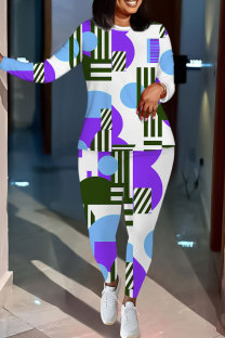 White Green Casual Geometric Print Letters Contrast O Neck Long Sleeve Two Pieces