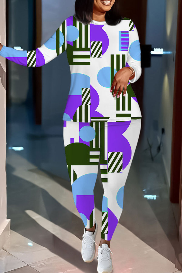 White Green Casual Geometric Print Letters Contrast O Neck Long Sleeve Two Pieces