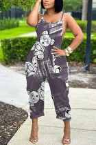 Dark Gray Casual Cartoon Print Pocket Contrast U Neck Loose Jumpsuits