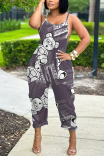 Dark Gray Casual Cartoon Print Pocket Contrast U Neck Loose Jumpsuits