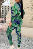 Gray Blue Casual Geometric Print Gradient Contrast O Neck Long Sleeve Two Pieces