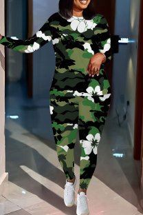 Army Green Casual Geometric Print Gradient Contrast O Neck Long Sleeve Two Pieces