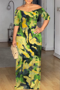 Green Sexy Geometric Print Contrast V Neck Printed Dresses