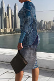 Dark Blue Casual Faux Denim Print Contrast O Neck Printed Dresses