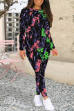 Black Purple Casual Floral Print Contrast O Neck Long Sleeve Two Pieces