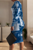 Dark Blue Casual Faux Denim Print Contrast O Neck Printed Dresses