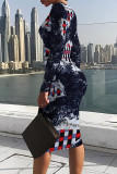 Dark Blue Casual Faux Denim Print Contrast O Neck Printed Dresses