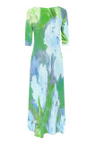 Fuchsia Casual Floral Print Pocket Irregular O Neck Irregular Dresses