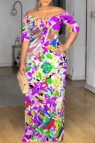 White Blue Sexy Graffiti Print Contrast V Neck Printed Dresses