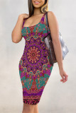 Yellow Sexy National Totem Flowers Print Contrast U Neck Printed Dresses