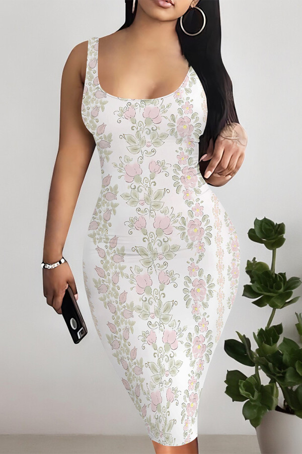 White Casual Geometric Print Floral Print Contrast U Neck Printed Dresses