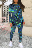 Gray Blue Casual Geometric Print Gradient Contrast O Neck Long Sleeve Two Pieces