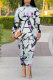 Light Blue Elegant Geometric Print Flowers Contrast Turtleneck Printed Dresses