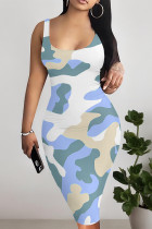 White Blue Casual Geometric Print Floral Print Contrast U Neck Printed Dresses