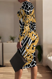 Black Elegant Geometric Print Contrast O Neck Printed Dresses