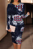 Dark Blue Casual Faux Denim Print Contrast O Neck Printed Dresses