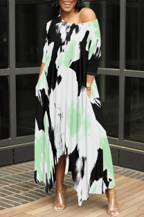 White Green Casual Floral Print Pocket Irregular O Neck Irregular Dresses