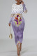 Light Purple Elegant Letter Print Gradient Contrast O Neck Printed Dresses
