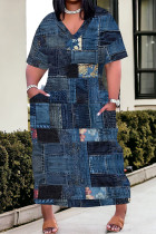 Dark Blue Street Faux Denim Print Pocket Contrast V Neck Printed Plus Size Dresses