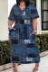 Dark Blue Street Faux Denim Print Pocket Contrast V Neck Printed Plus Size Dresses
