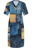 Blue Street Faux Denim Print Pocket Contrast V Neck Printed Plus Size Dresses