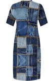 Blue Street Faux Denim Print Pocket Contrast V Neck Printed Plus Size Dresses