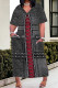 Black Gray Street Faux Denim Print Pocket Contrast V Neck Printed Plus Size Dresses