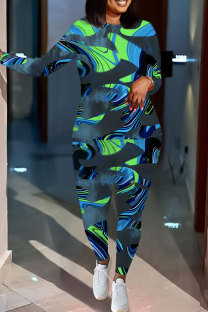 Gray Blue Casual Geometric Print Gradient Contrast O Neck Long Sleeve Two Pieces