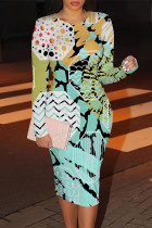 Lake Blue Elegant Geometric Print Contrast O Neck Printed Dresses
