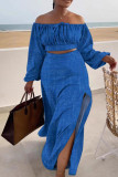 Blue Casual Solid Color High Slit Ruched Strap Design Off Shoulder Long Sleeve Two Pieces