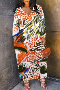 White Orange Casual Graffiti Print Pocket Contrast V Neck Printed Plus Size Dresses