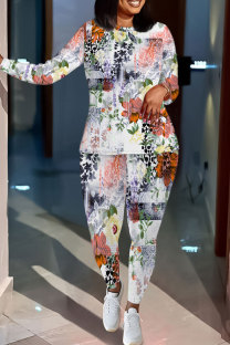 White Casual Floral Print Contrast O Neck Long Sleeve Two Pieces
