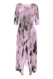 Fuchsia Casual Floral Print Pocket Irregular O Neck Irregular Dresses