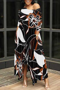 Black Brown Casual Floral Print Pocket Irregular O Neck Irregular Dresses