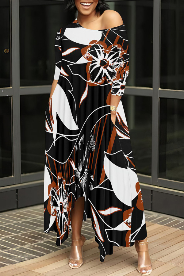 Black Brown Casual Floral Print Pocket Irregular O Neck Irregular Dresses