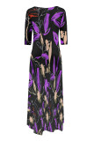 Fuchsia Casual Floral Print Pocket Irregular O Neck Irregular Dresses