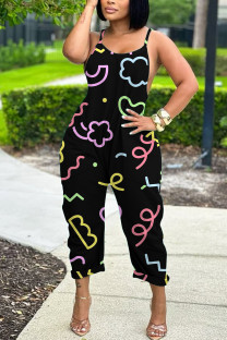Black Casual Cartoon Print Pocket Contrast U Neck Loose Jumpsuits