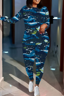 Blue Casual Geometric Print Letters Contrast O Neck Long Sleeve Two Pieces